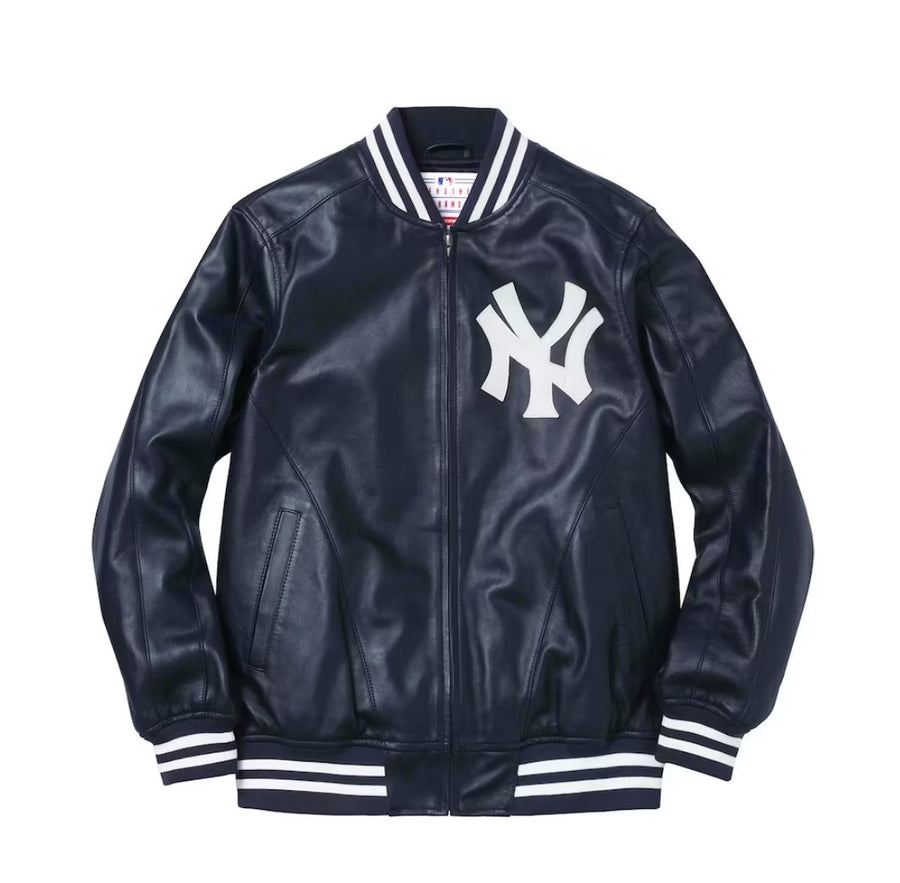 Supreme Yankees Leather Varsity Jacket Navy